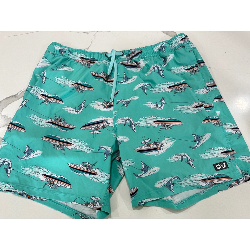 Saxx Oh Buoy Swim Trunks XXL Teal Shark Fishing Boat BallPark Pouch Shorts